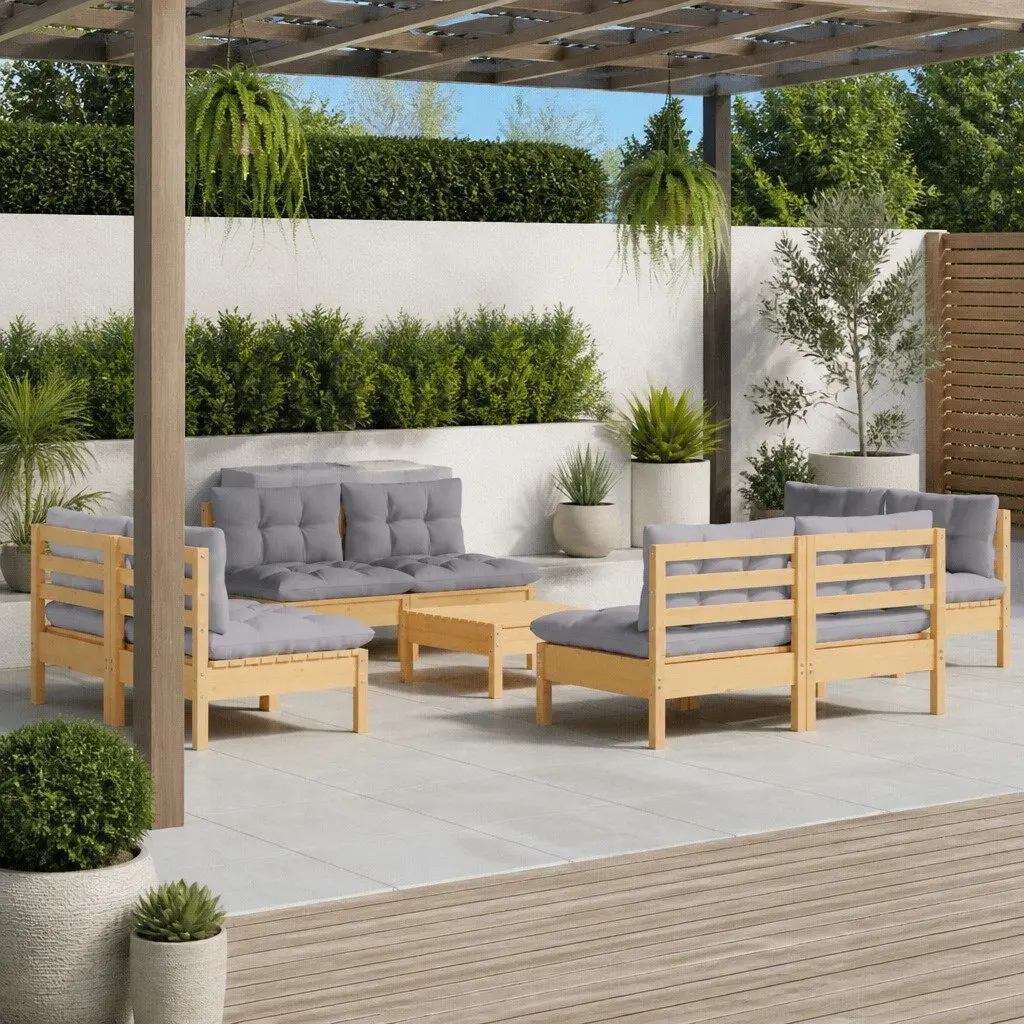 9 Piece Modular Outdoor Garden Lounge Set Solid Pinewood Frame with Grey Cushions