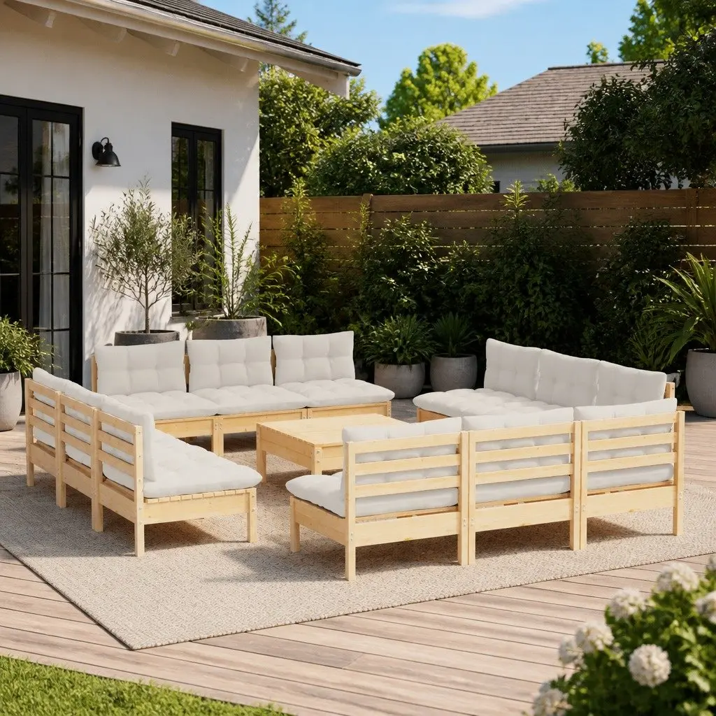 Modular Patio Furniture Garden Lounge Set 13 Piece Cream Cushions Solid Pinewood