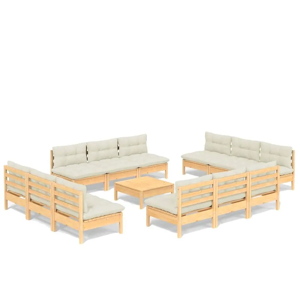 Modular Patio Furniture Garden Lounge Set 13 Piece Cream Cushions Solid Pinewood
