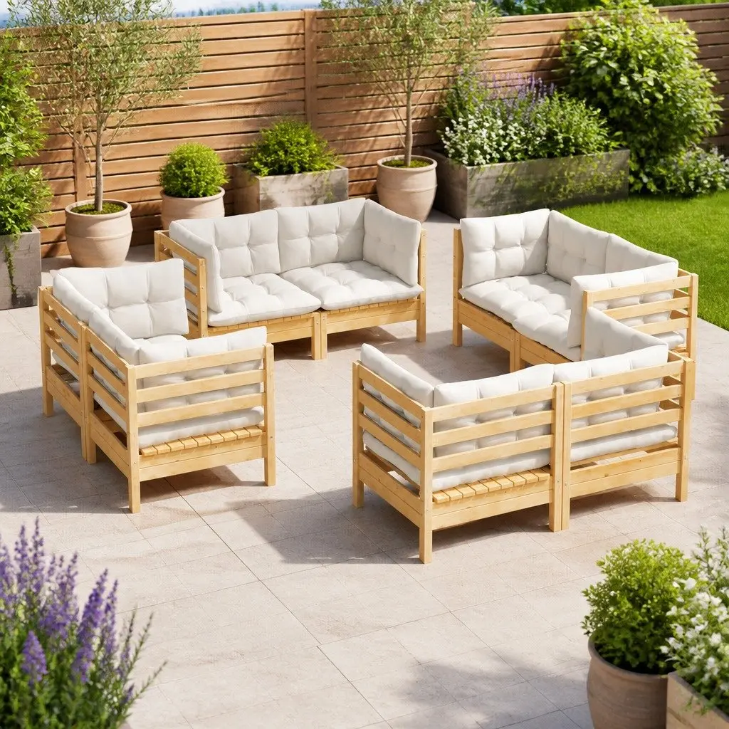 Garden Lounge Set 8 Piece Outdoor Patio Furniture Pinewood Cream Cushions