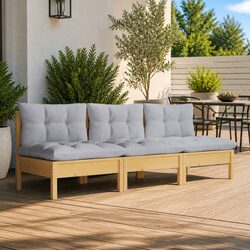 Outdoor Garden Sofa 3-Seater with Grey Cushions Solid Pinewood Patio Furniture