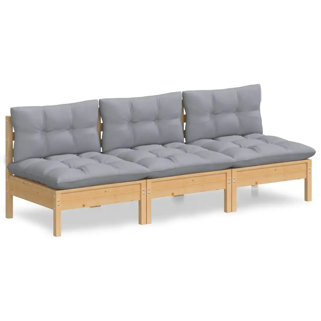Outdoor Garden Sofa 3-Seater with Grey Cushions Solid Pinewood Patio Furniture