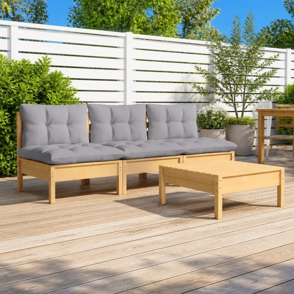 4 Piece Modular Pinewood Garden Lounge Set with Grey Cushions for Outdoor Patio