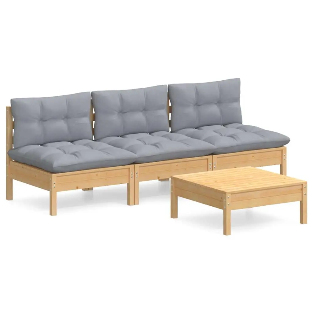 4 Piece Modular Pinewood Garden Lounge Set with Grey Cushions for Outdoor Patio