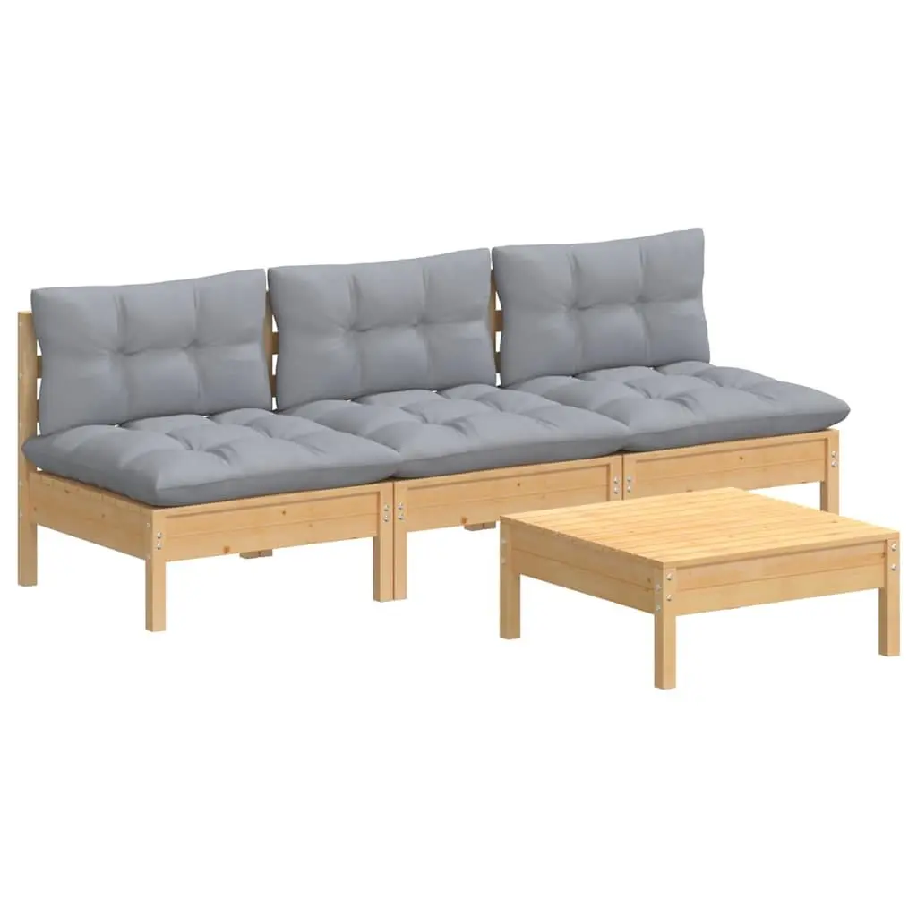 4 Piece Modular Pinewood Garden Lounge Set with Grey Cushions for Outdoor Patio