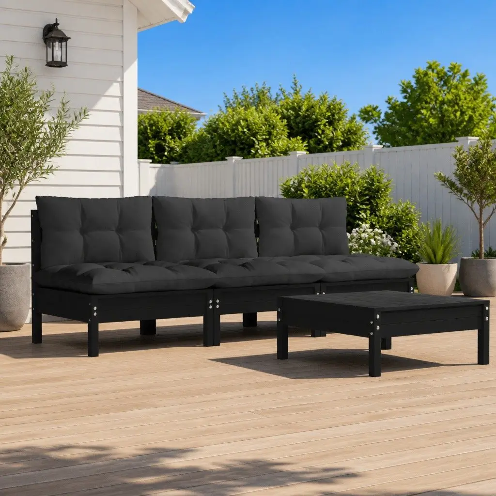 Garden Lounge Set 4 Piece Pinewood Patio Furniture with Cushions Black Outdoor