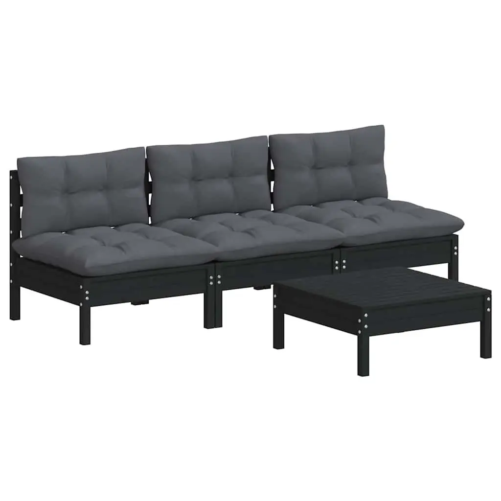 Garden Lounge Set 4 Piece Pinewood Patio Furniture with Cushions Black Outdoor