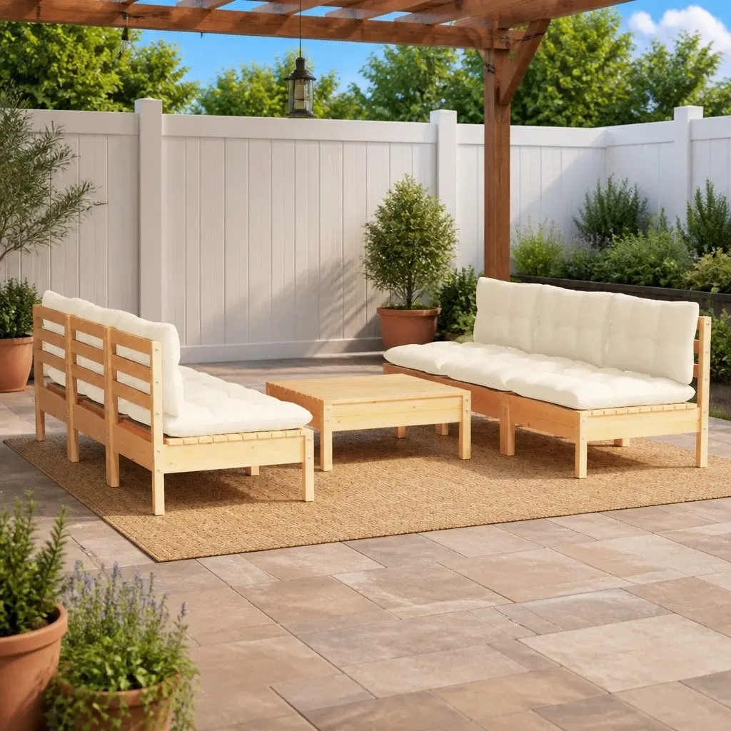 Garden Lounge Set Solid Pinewood 7 Piece Outdoor Patio Furniture with Cream Cushions