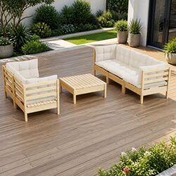 Garden Lounge Set 6 Piece Outdoor Patio Furniture Cream Cushions Pinewood