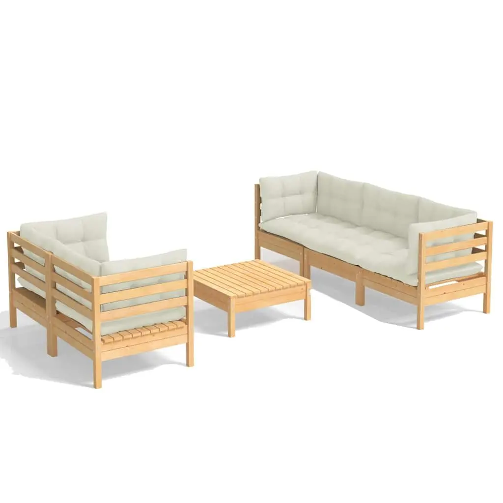 Garden Lounge Set 6 Piece Outdoor Patio Furniture Cream Cushions Pinewood