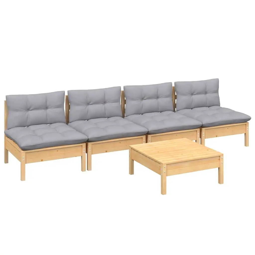 5 Piece Garden Lounge Set Outdoor Patio Furniture Grey Cushions Pinewood