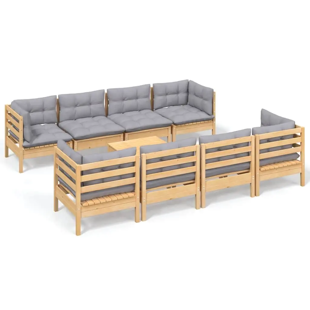 Garden Lounge Set 9 Piece Outdoor Patio Furniture with Grey Cushions Solid Wood