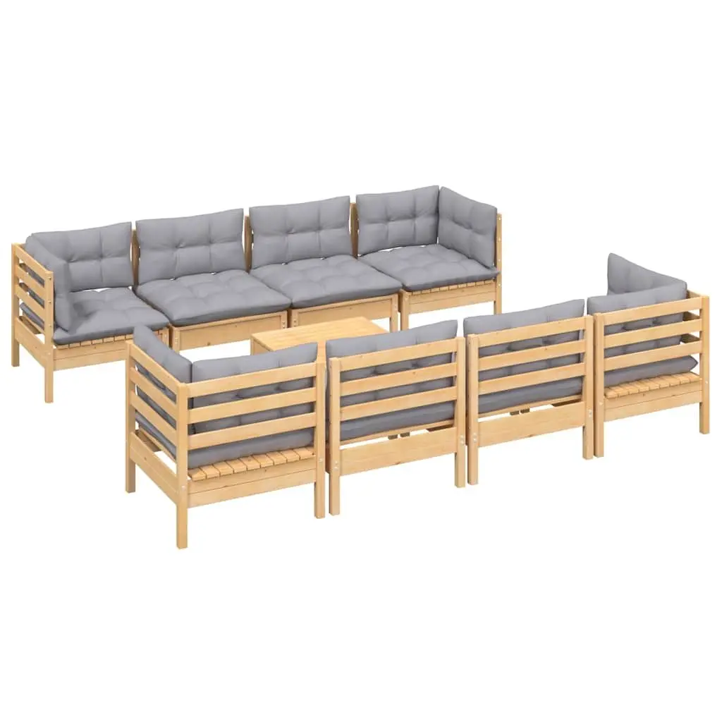 Garden Lounge Set 9 Piece Outdoor Patio Furniture with Grey Cushions Solid Wood