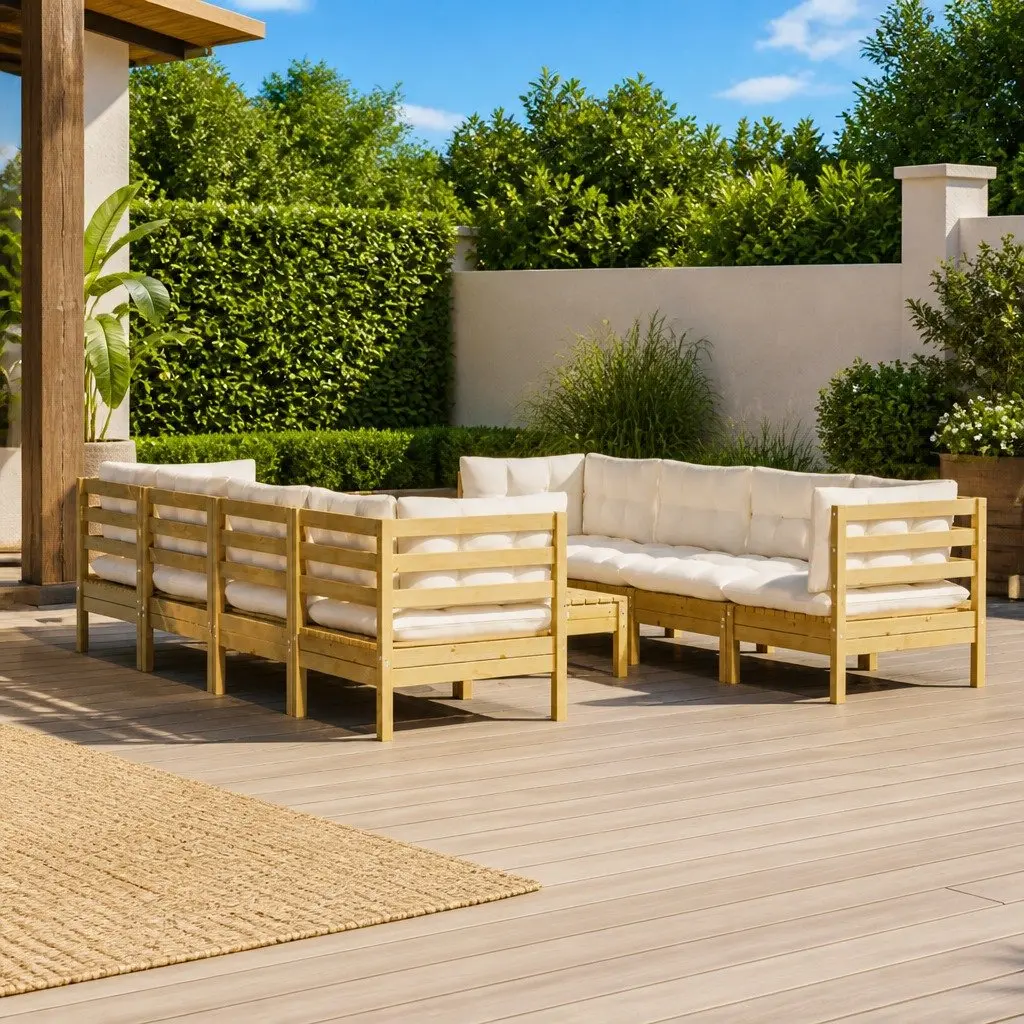 Outdoor Modular Garden Lounge Set Cream Cushions 9 Piece Patio Furniture