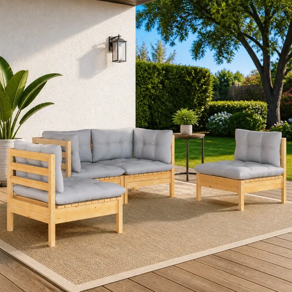 4 Piece Garden Lounge Set Grey Cushions Solid Pinewood