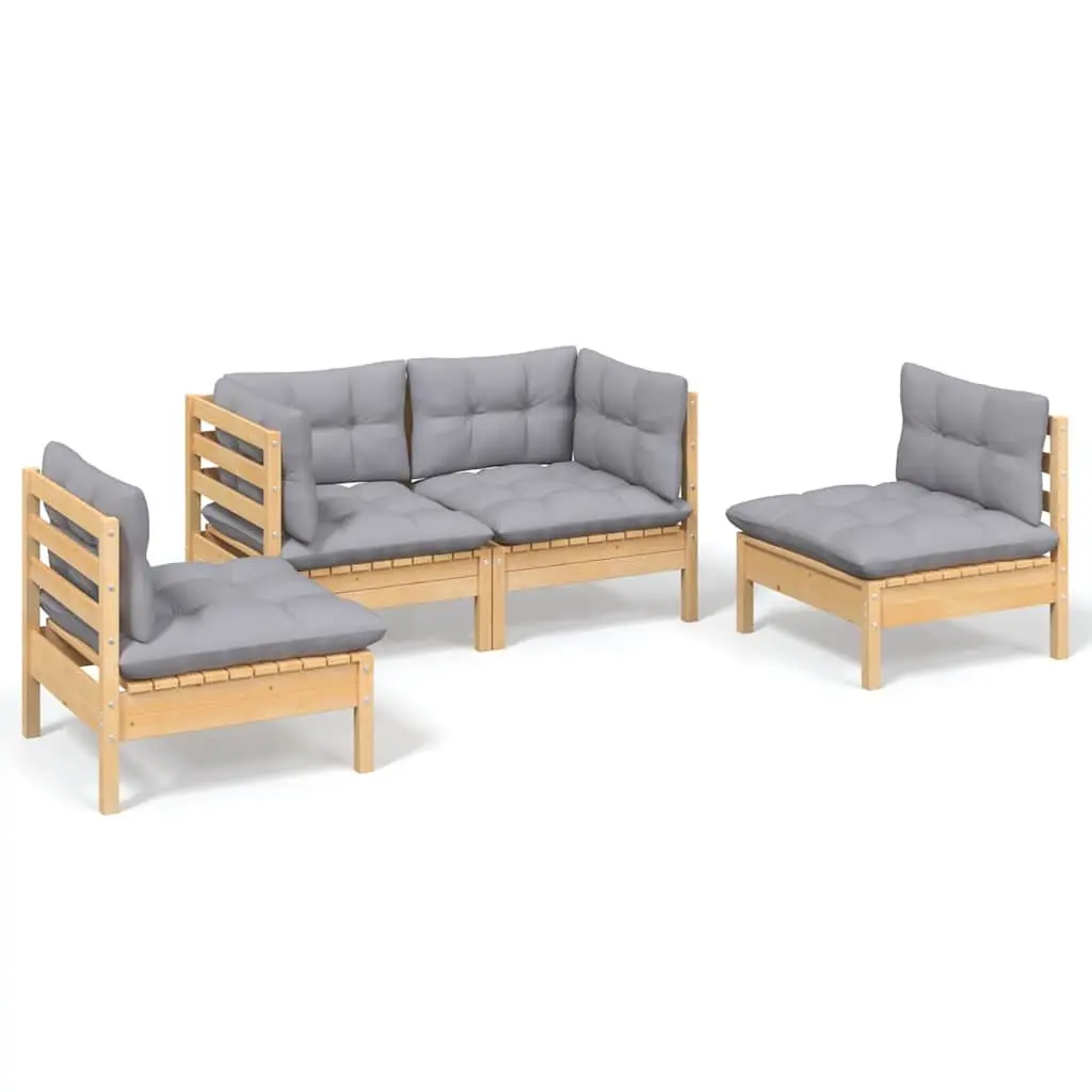 4 Piece Garden Lounge Set Grey Cushions Solid Pinewood