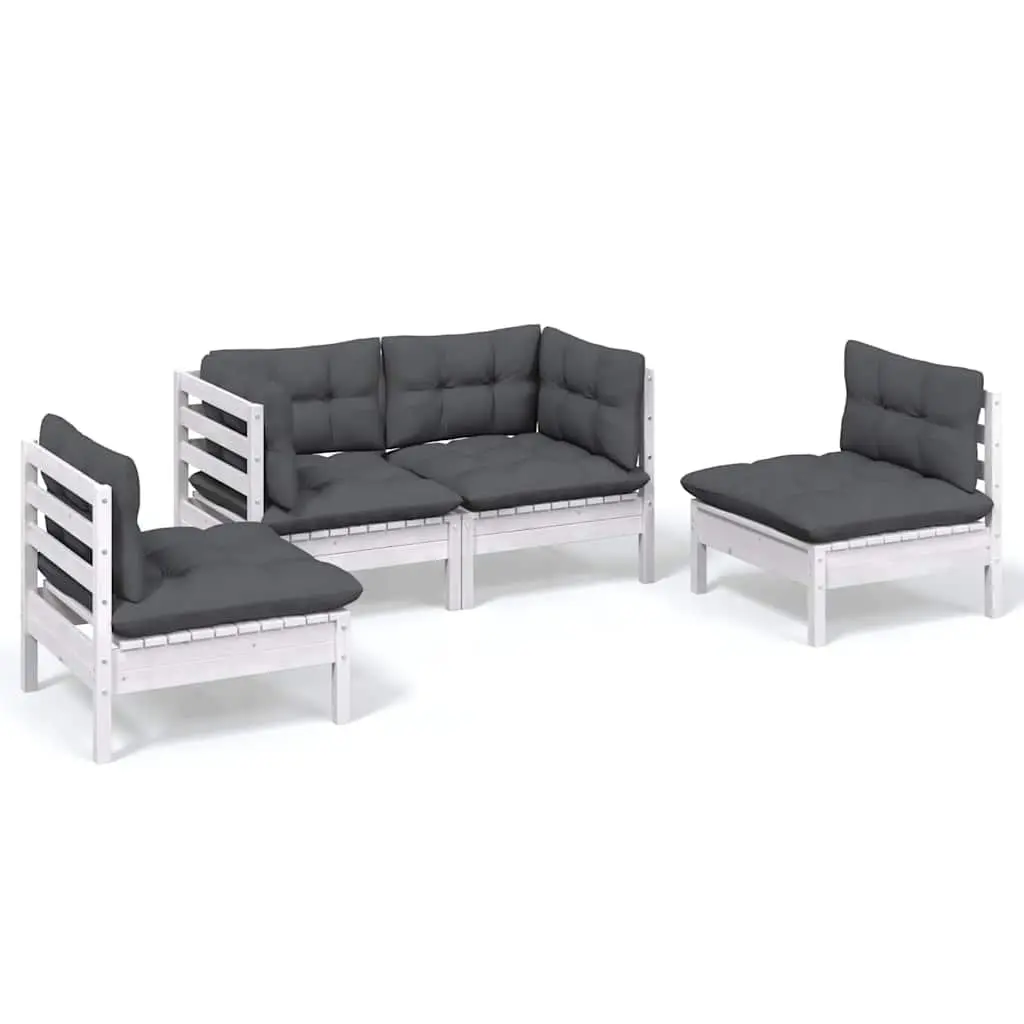 4 Piece Lounge Set Solid Pinewood with Cushions White Garden Patio Furniture