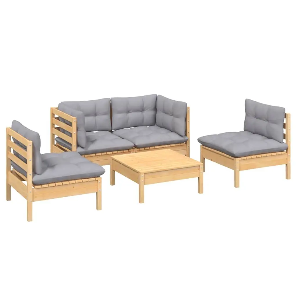 Garden Lounge Set 5 Piece Outdoor Patio Furniture with Grey Cushions Pinewood