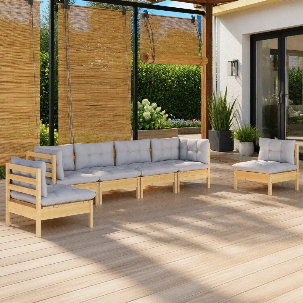 6 Piece Garden Lounge Set Solid Pinewood Grey Cushions Outdoor Patio Furniture