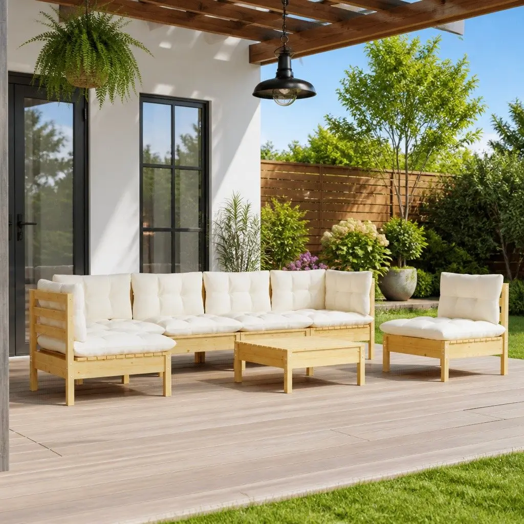 Garden Lounge Set 7 Piece Patio Furniture Solid Pinewood with Cream Cushions