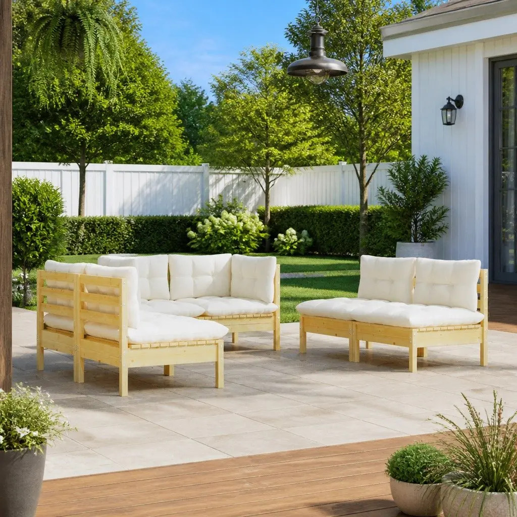 Garden Lounge Set 6 Piece Outdoor Patio Furniture Cream Cushions Pinewood