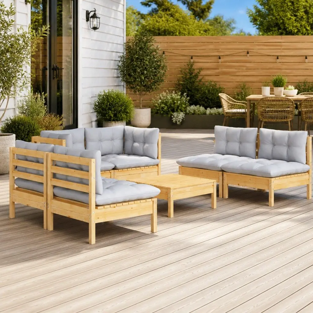 Garden Lounge Set Modular Pinewood 7 Piece Outdoor Patio Furniture Grey Cushions