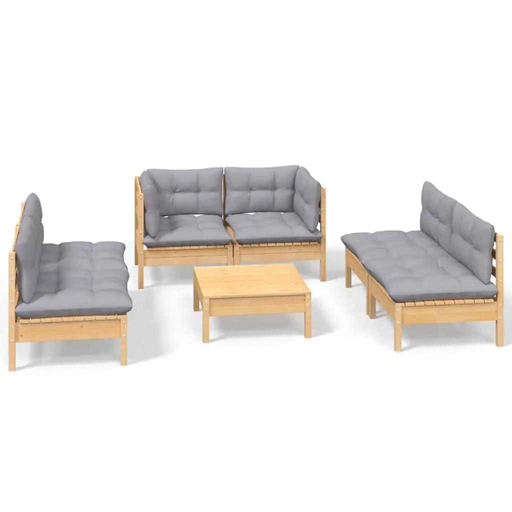Garden Lounge Set Modular Pinewood 7 Piece Outdoor Patio Furniture Grey Cushions