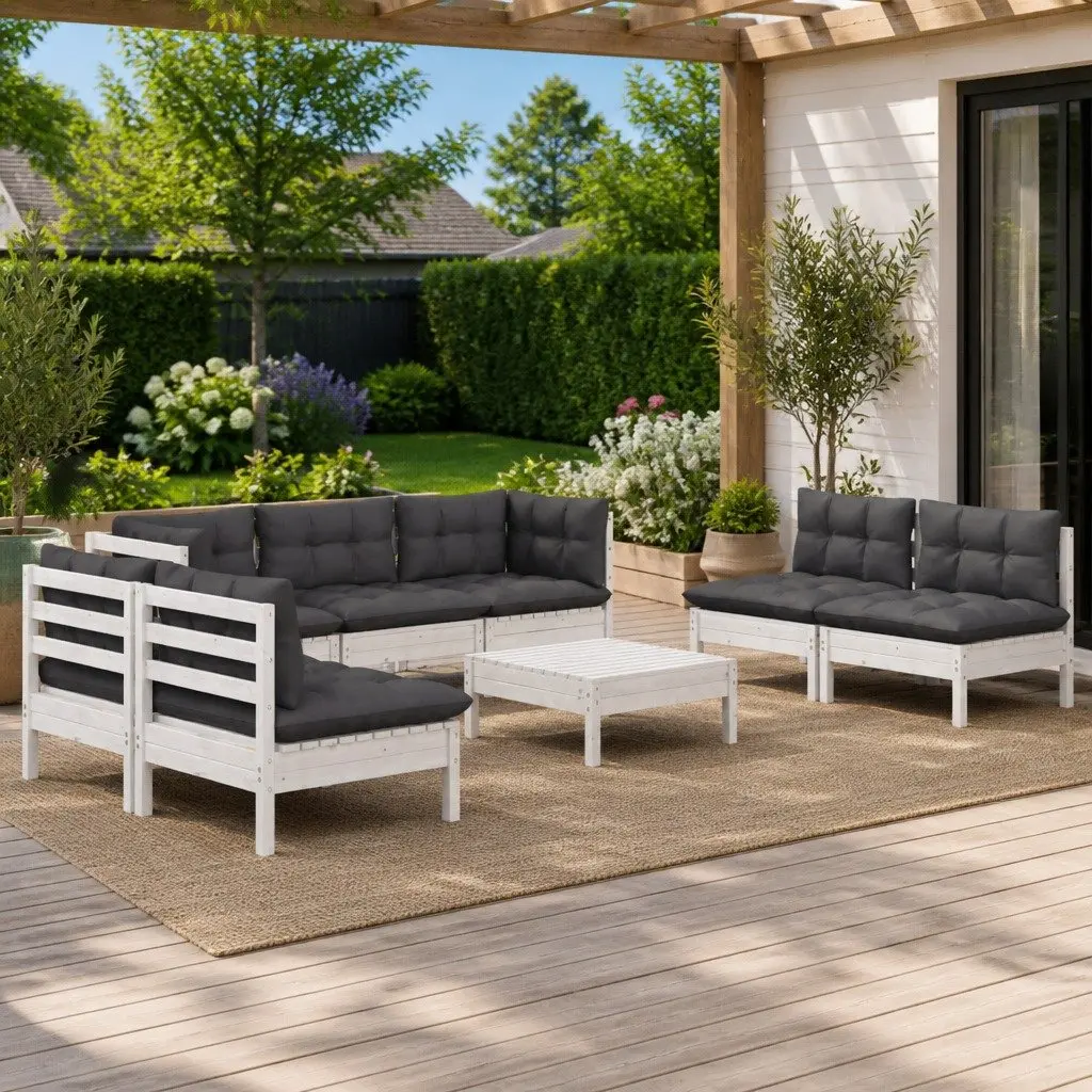 Garden Lounge Set Modular White 8 Piece Outdoor Patio Furniture with Cushions