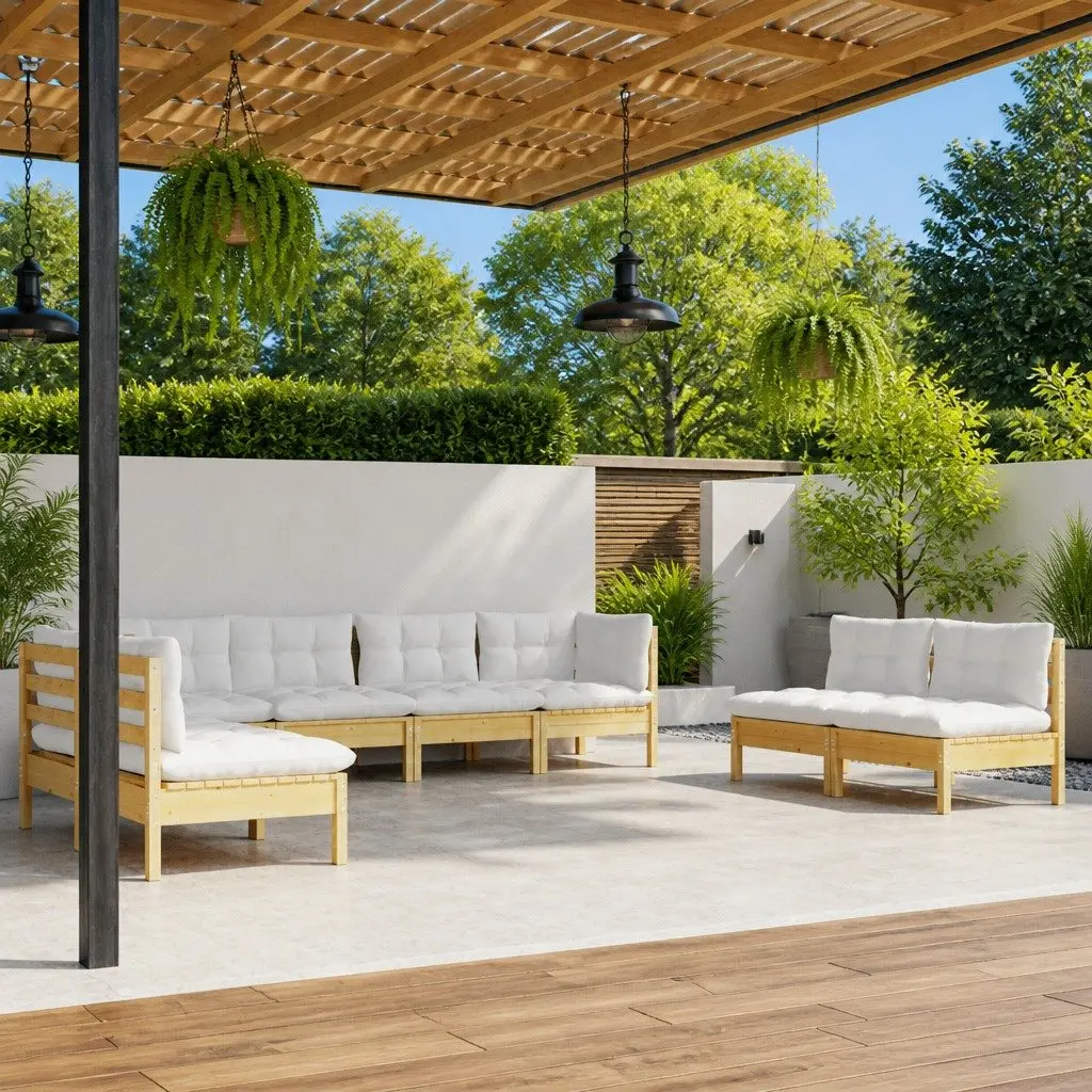 Modular Outdoor Patio Furniture Set 8 Piece Garden Lounge Solid Pinewood with Cream Cushions