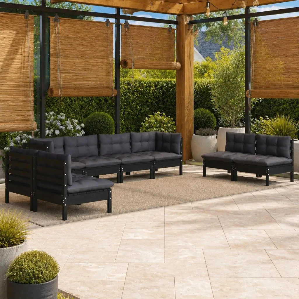Modular Outdoor Furniture Lounge Set 8 Piece Black Pinewood with Cushions