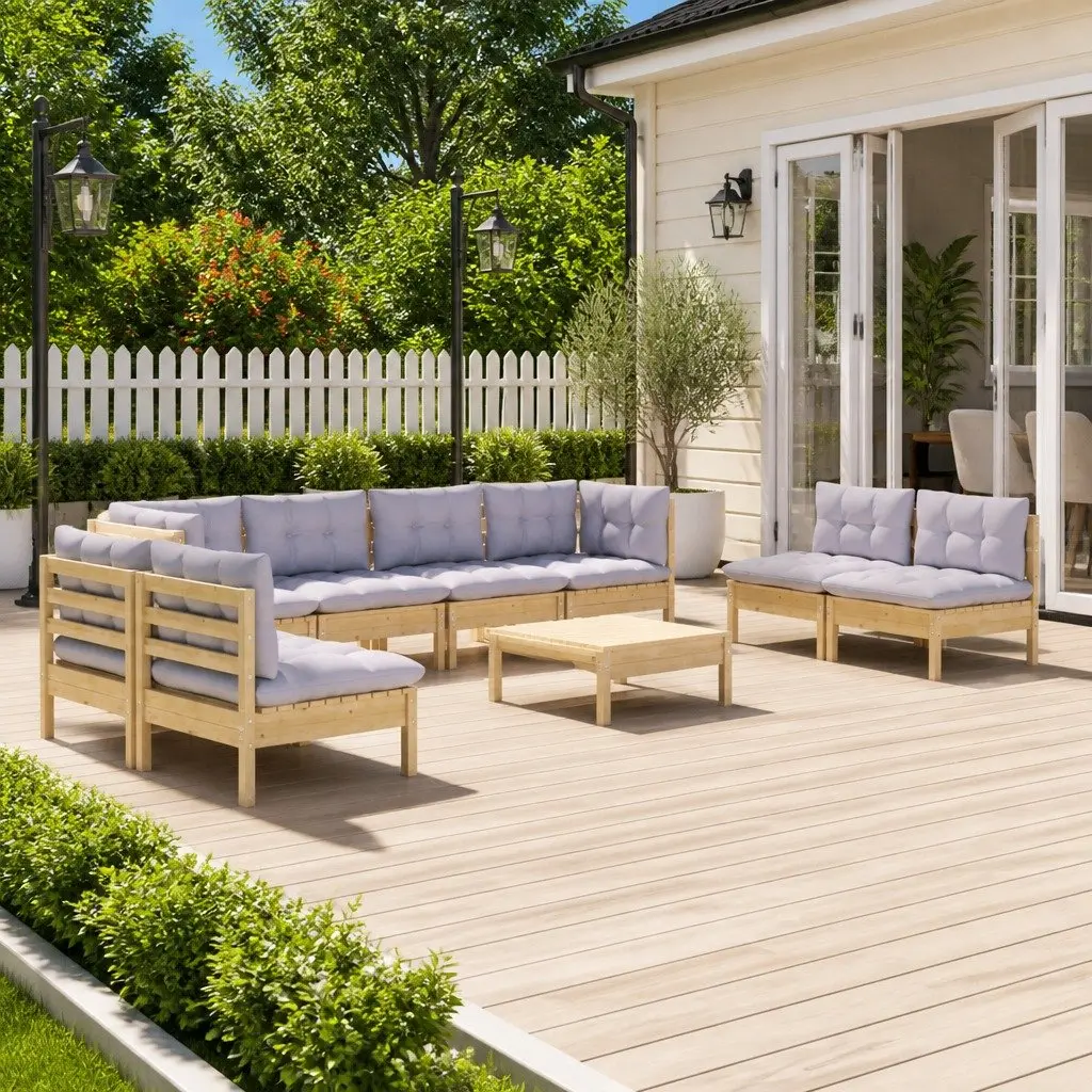 Garden Lounge Set 9 Piece Outdoor Patio Furniture Grey Cushions Pinewood