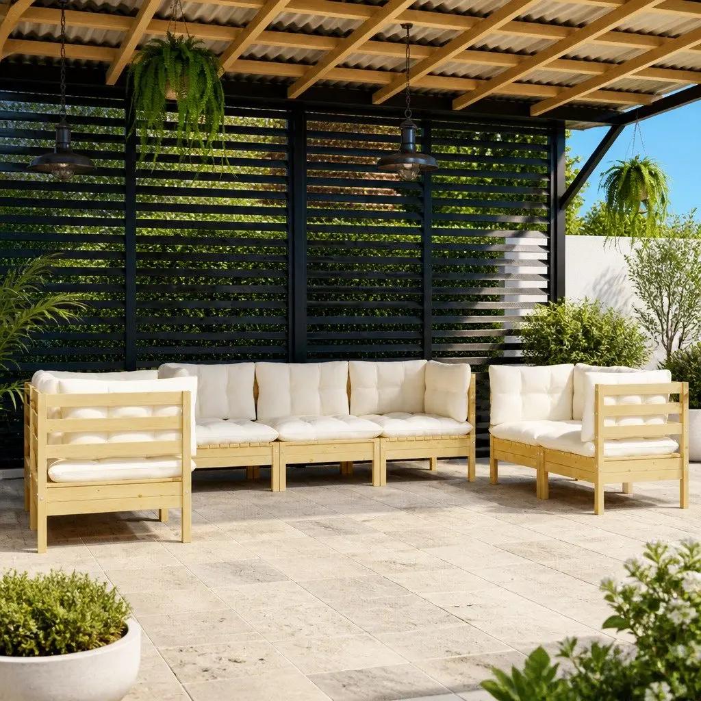 Modular Garden Lounge Set 7 Piece Cream Cushions Solid Pinewood Outdoor Furniture