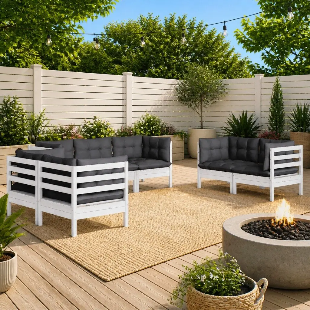 7 Piece Garden Lounge Set White Solid Pinewood Outdoor Patio Furniture with