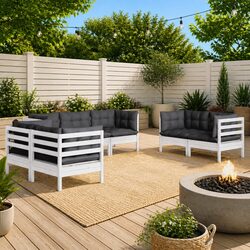 7 Piece Garden Lounge Set White Solid Pinewood Outdoor Patio Furniture with