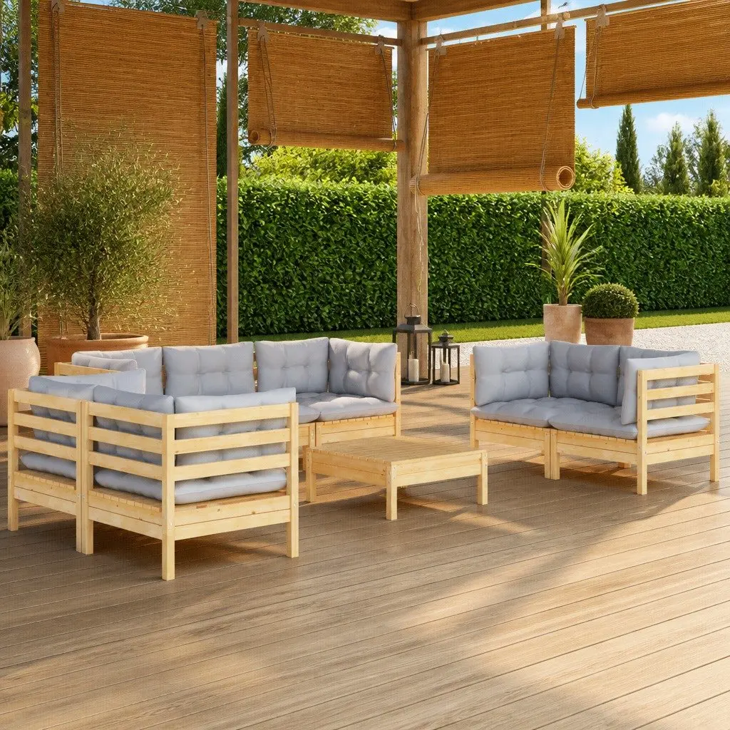 Garden Lounge Set 8 Piece Outdoor Furniture Grey Cushions Solid Pinewood Modular