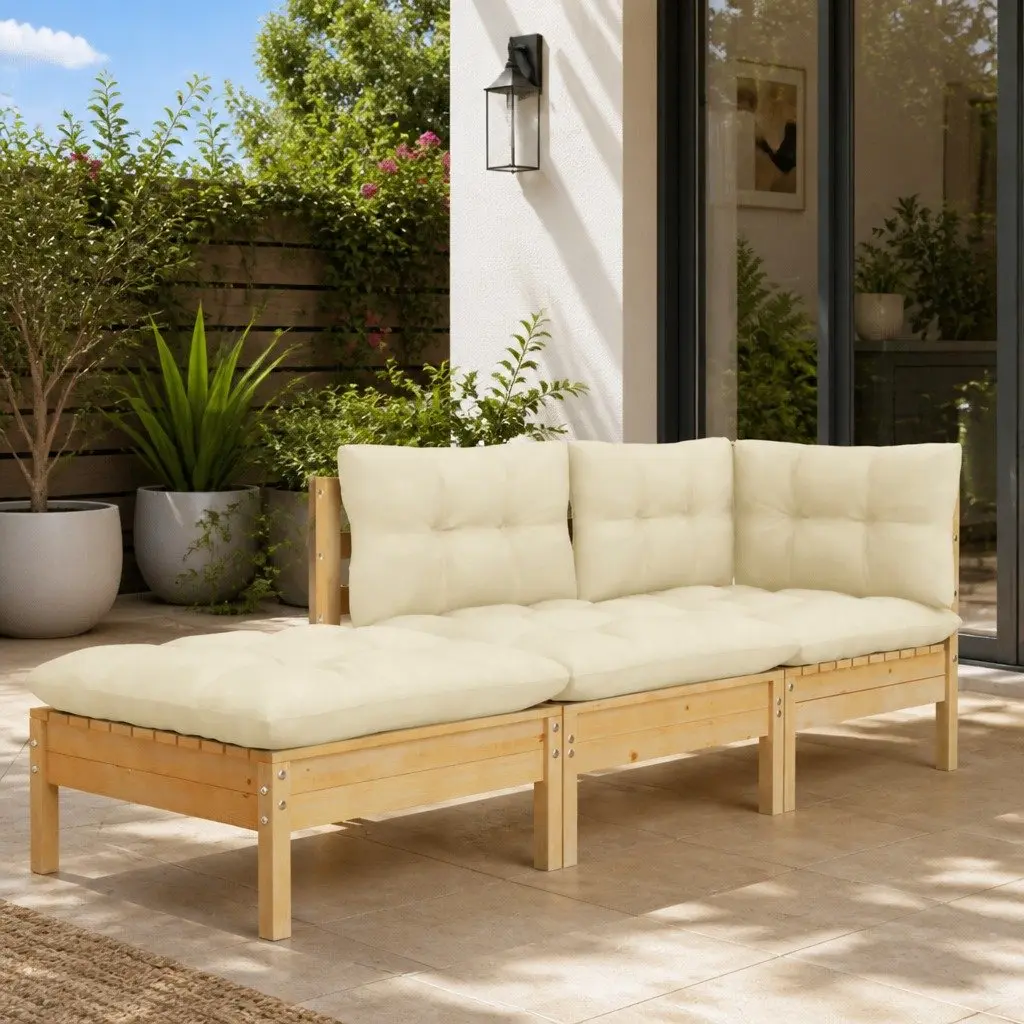 3 Piece Modular Garden Lounge Set Outdoor Patio Furniture Solid Pinewood with Cream Cushions