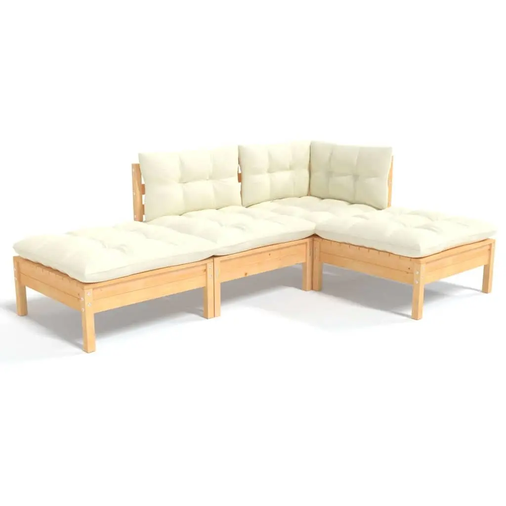 Garden Lounge Set 4 Piece Outdoor Patio Furniture Pinewood with Cream Cushions