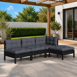 Garden Lounge Set 4 Piece Black Pinewood Patio Furniture with Cushions Outdoor