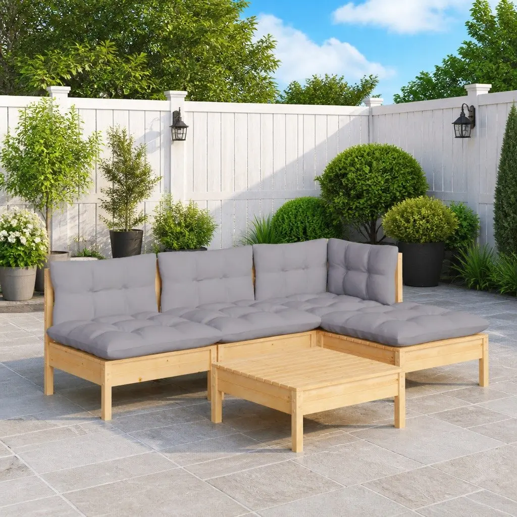 5 Piece Garden Lounge Set Pinewood Outdoor Patio Furniture with Grey Cushions