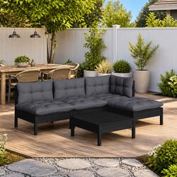 Garden Lounge Set 5 Piece Black Pinewood Outdoor Furniture Patio Seating with