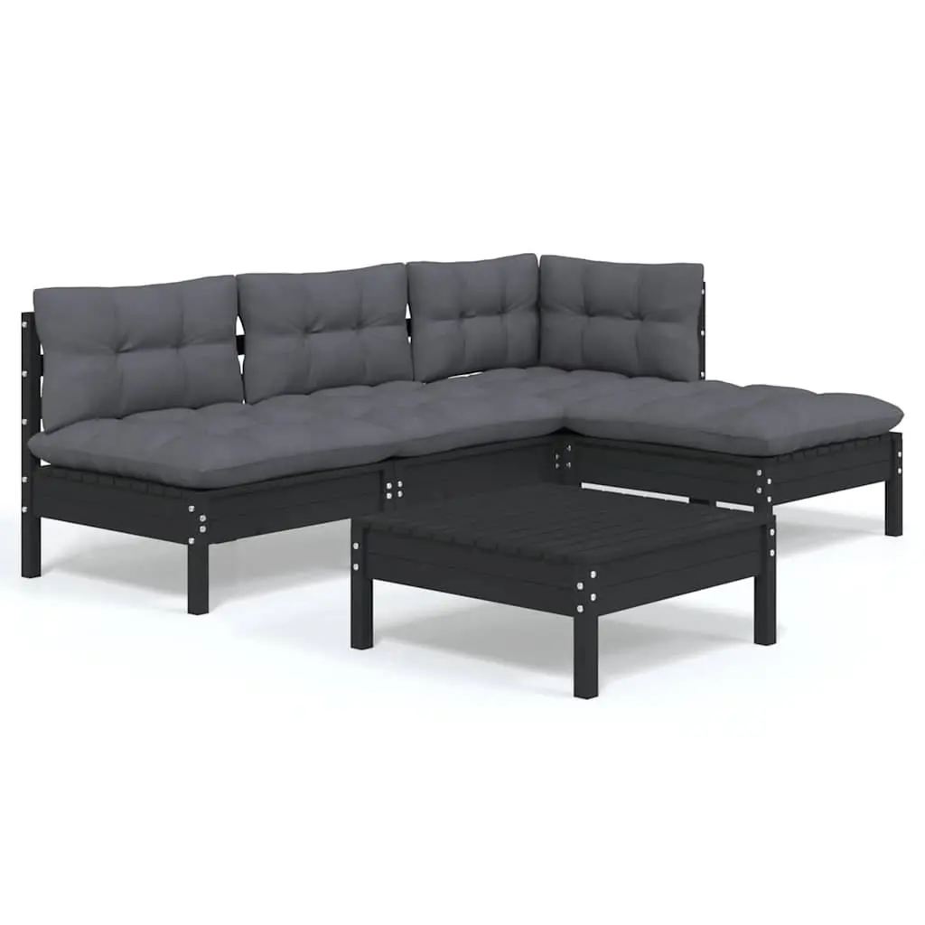 Garden Lounge Set 5 Piece Black Pinewood Outdoor Furniture Patio Seating with