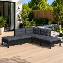 Garden Lounge Set 5 Piece Outdoor Furniture Black Pinewood with Cushions Patio