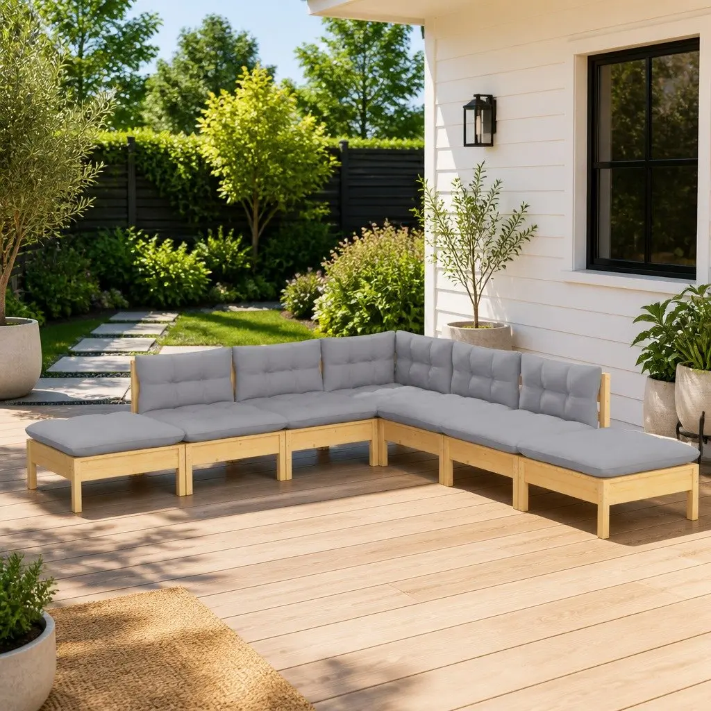 7 Piece Modular Garden Lounge Set Grey Cushions Solid Pinewood Outdoor Patio Furniture