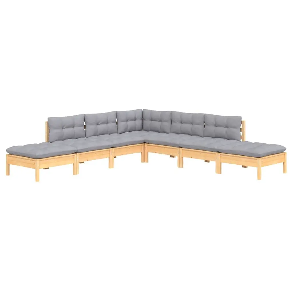 7 Piece Modular Garden Lounge Set Grey Cushions Solid Pinewood Outdoor Patio Furniture