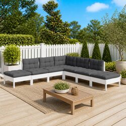 7 Piece Garden Lounge Set White Pinewood Outdoor Furniture with Cushions Patio