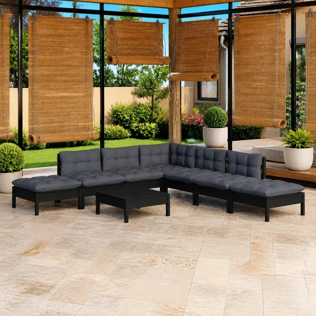 8 Piece Garden Lounge Set Black Pinewood Outdoor Furniture with Cushions