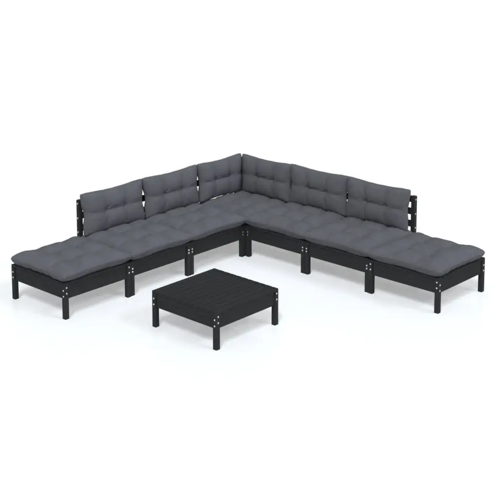 8 Piece Garden Lounge Set Black Pinewood Outdoor Furniture with Cushions