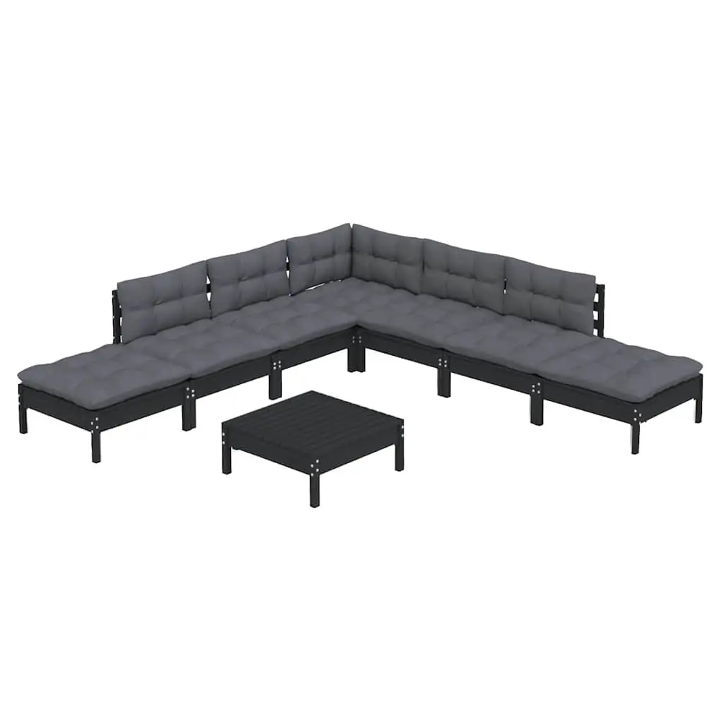8 Piece Garden Lounge Set Black Pinewood Outdoor Furniture with Cushions