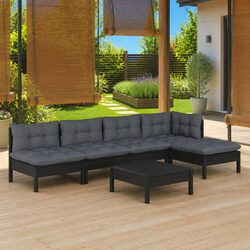 Garden Lounge Set 6 Piece Black Pinewood Outdoor Furniture with Cushions Patio