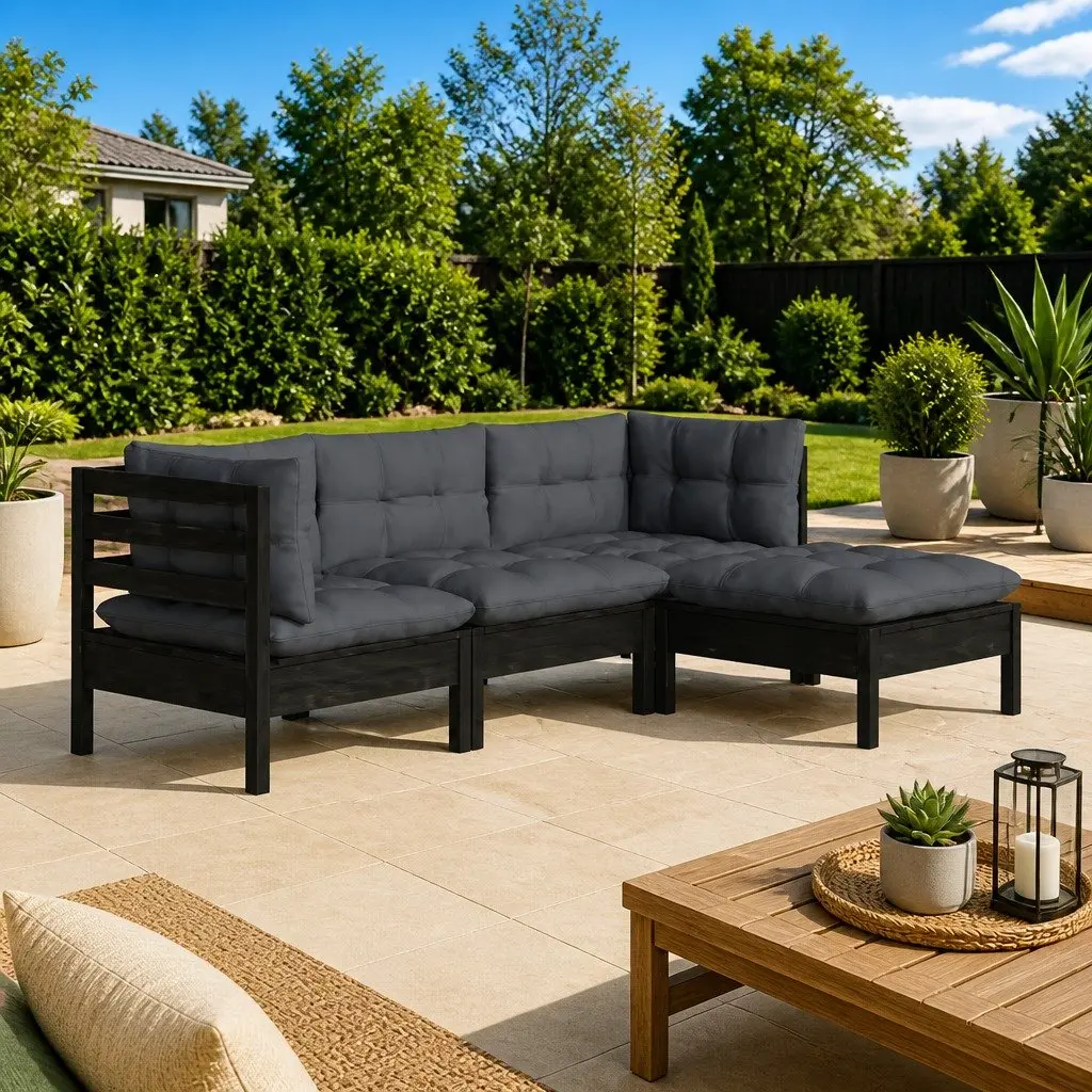 4 Piece Outdoor Lounge Set Black Modular Pinewood Furniture with Cushions